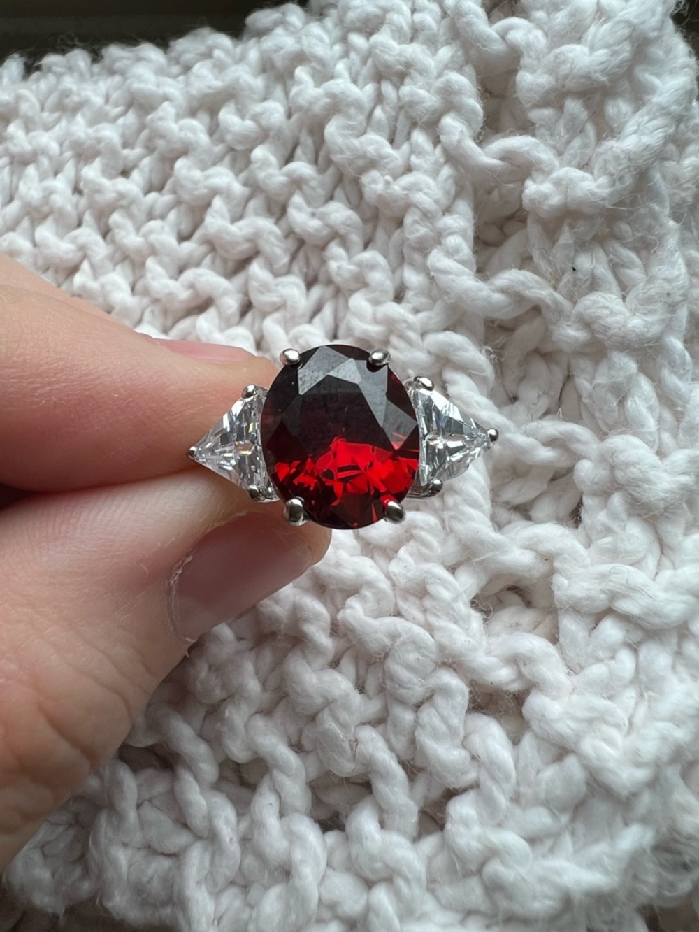 Sterling Silver Large Red stone ring W/ CZ Accent Cocktail Ring 925 - Size 9